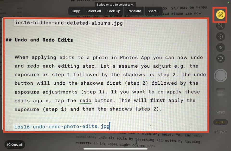 Teks langsung diperbesar di Aplikasi Kamera iOS 16