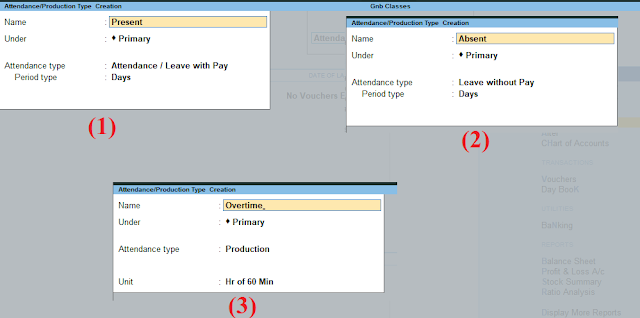 create attandacne and production type in tally prime hindi