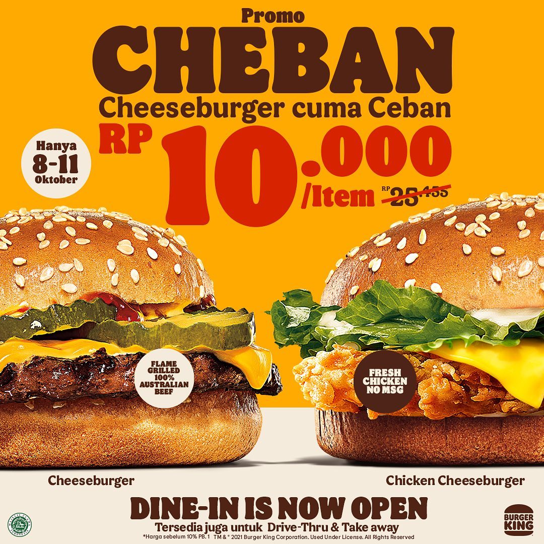 Promo BURGER KING CHEBAN - Cheeseburger / Chicken Cheeseburger cuma Rp. 10.000