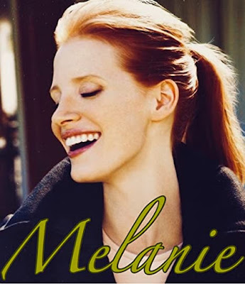 Jessica Chastain closing her eyes and laughing broadly the caption says Melanie is green