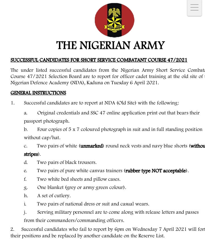 Successful Candidates From The Nigerian Army Short Service Combatant Is Out: Download pdf list of Successful Candidates For Short Service Combatant Course 47/2021