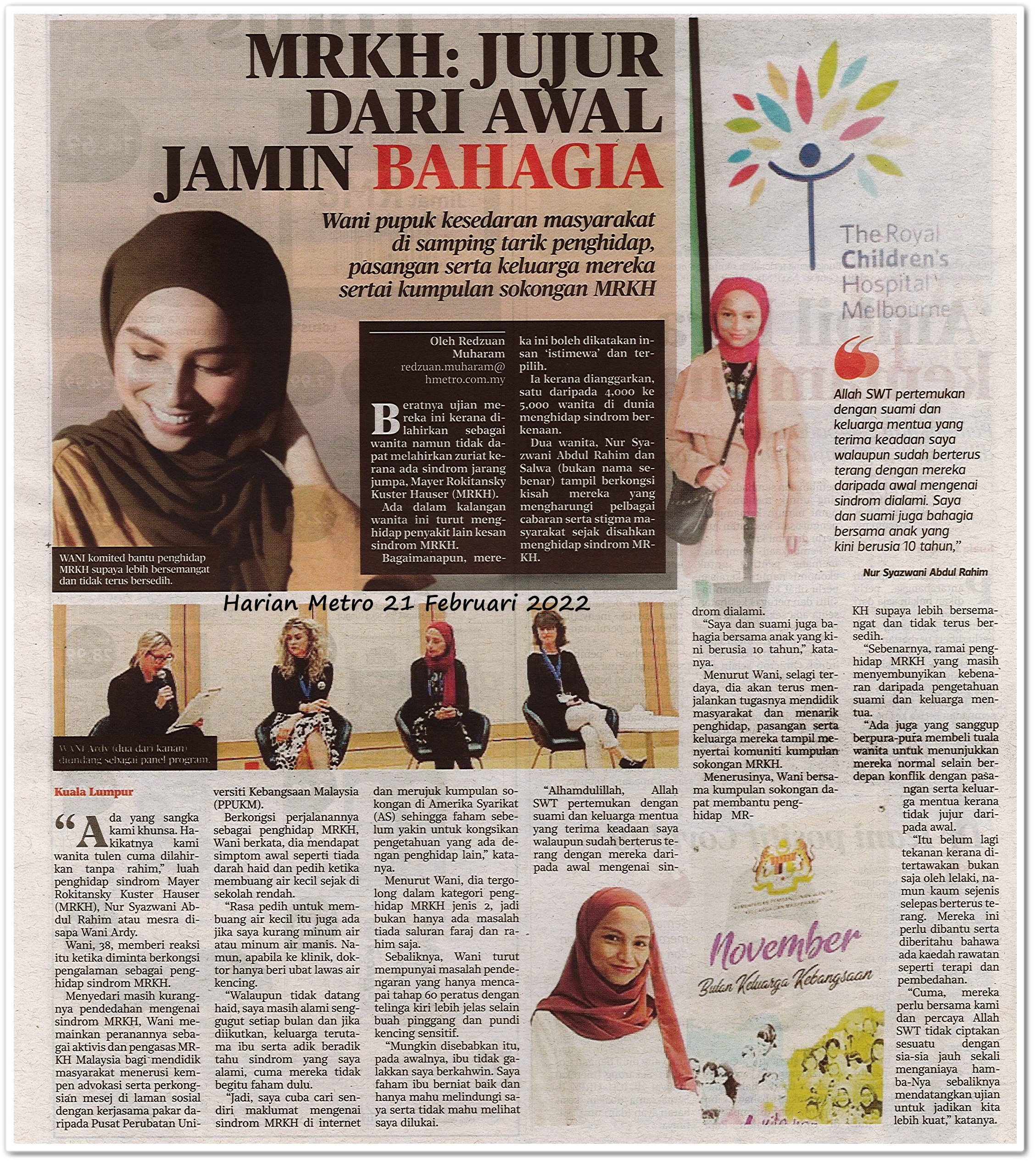 MRKH : Jujur dari awal jamin bahagia ; Ramai undur diri bila tahu tak boleh beri zuriat - Keratan akhbar Harian Metro 21 Februari 2022