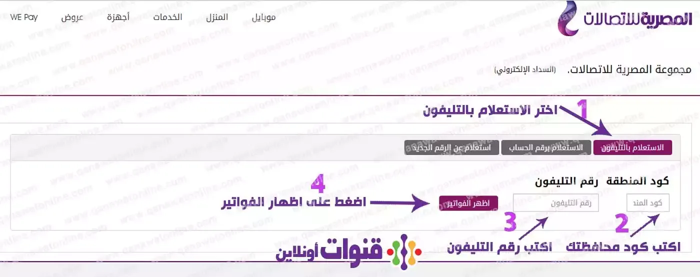 الاستعلام عن فاتورة تليفون ارضي المصرية للاتصالات