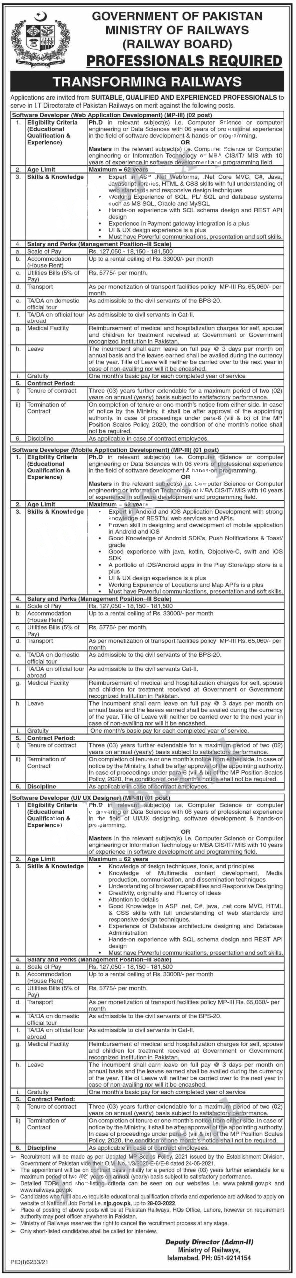 Ministry of Railways Railway Board Latest Jobs 2022 for Professionals