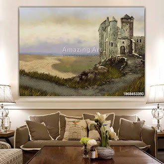 Paintings landscape, castle on the hill, medieval castle in the morning. Fine art