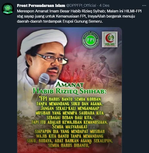 Merespon Amanat Imam Besar Habib Rizieq Syihab Amanat IB HRS, FPI Langsung Terjun Membantu Korban Erupsi Semeru, Kirim Relawan dan Dirikan Posko Bantuan