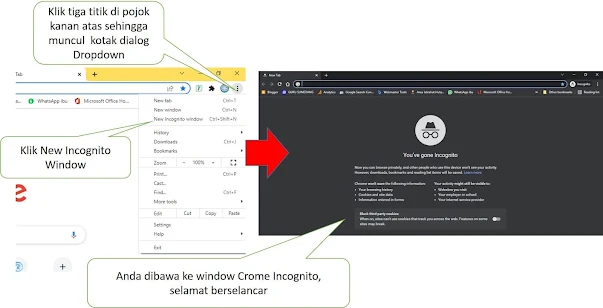 Hal penting lainnya,bagi sobat GS yang sering menggunakan PC /laptop bersama dikantor dan sekolah /warnet biasakanlah di tempat publik menggunakan window incognito, untuk keamanan sobat GS manakala masuk ke akun pribadi.  Dengan menggunakan windows incognita, apa yang sobat GS lakukan tidak akan direkam dan tidak akan menyimpan data email atau password ketika kita login ke akun pribadi.