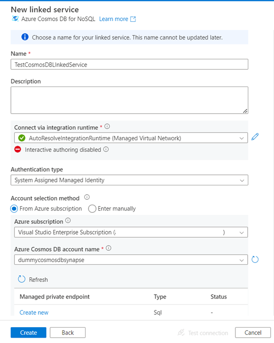 Azure Cosmos DB for Linked Service