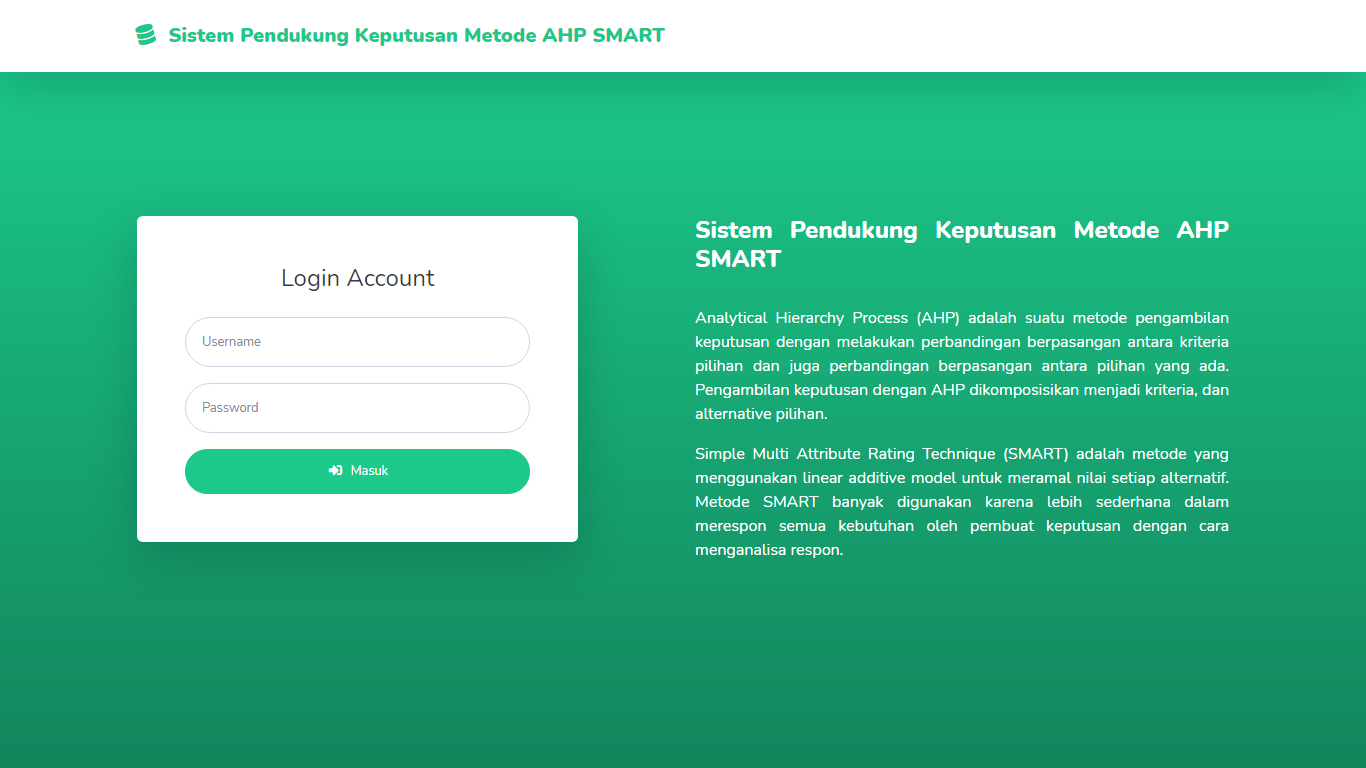 Aplikasi Sistem Pendukung Keputusan Seleksi Penerima Bantuan Beasiswa Metode AHP Dan SMART - SourceCodeKu.com