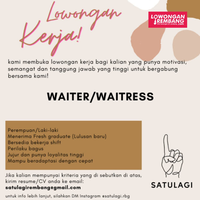 Lowongan Kerja Waiter/Waitress Cafe Satu Lagi Rembang