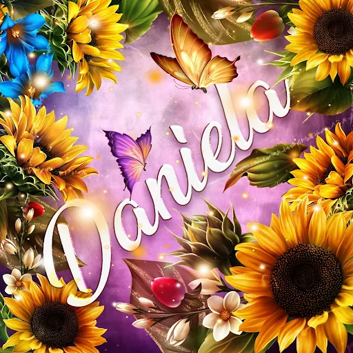 imágen con el nombre daniela con fondo de girasoles y mariposas para descargar gratis