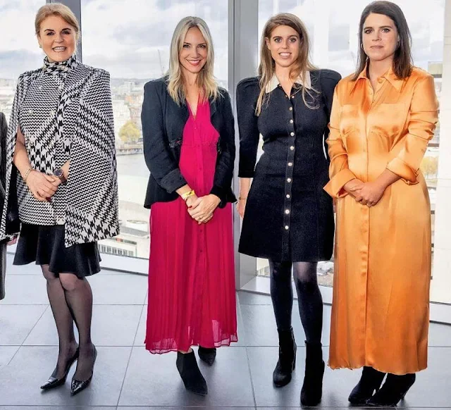 Sarah Ferguson wore a military cape coat by Karen Millen, Princess Beatrice in Sandro milane dress, Princess Eugenie in Nanushka