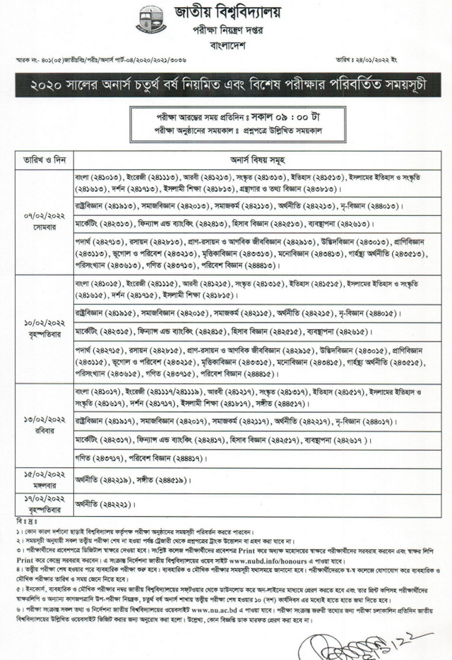 National University Honours 4th Year Exam Routine 2022