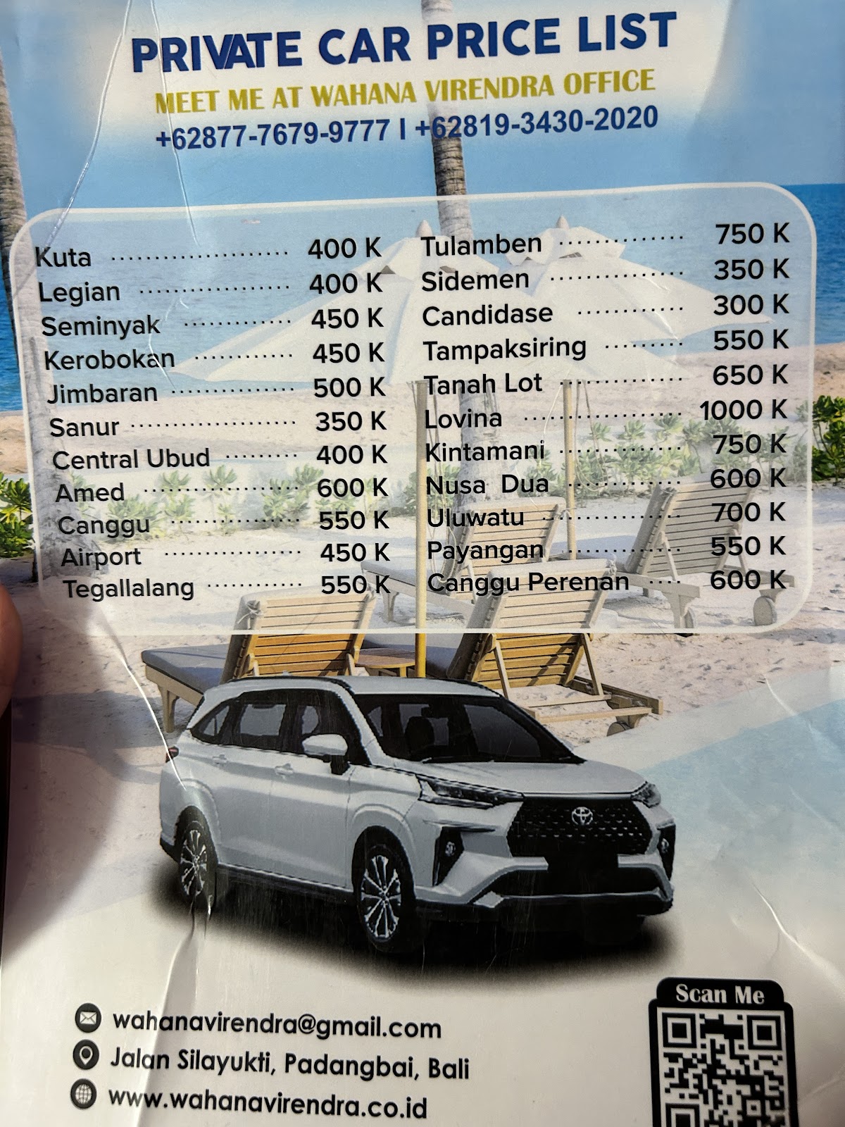Wahana Private Car Price List 2025 from Padangbai