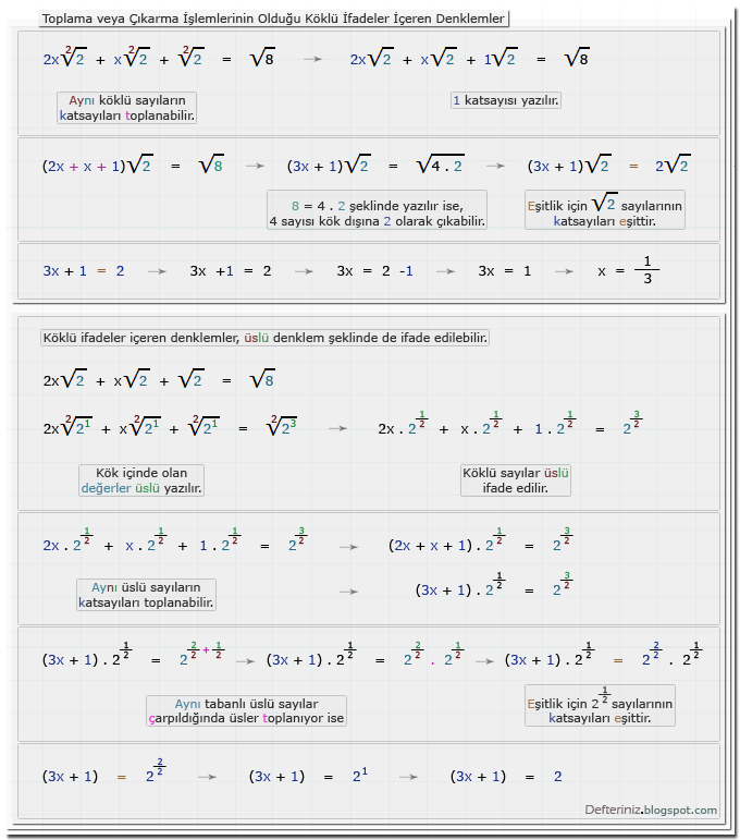 Örnek-13 » Toplama işleminin olduğu köklü ifadeler » Köklü ifadeler içeren denklemler » Denklemleri üslü ifade etmek.