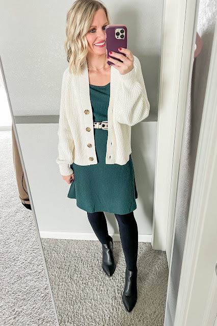 Forest green dress with cardigan, tights and boots