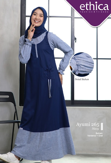 Ethica Ayumi 265 Navy Baju Gamis Muslimah Lengan Panjang Dress Muslimah