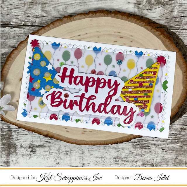 Donna Idlet - Kat Scrappiness Birthday Release, Birthday Essentials Paper Pad, Birthday Essentials Die Set, Happy Birthday with shadow die, Birthday Kisses with shadow die, shaker card