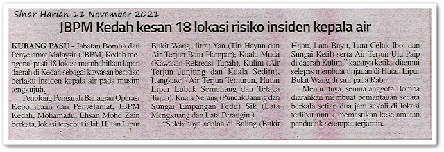 JBPM Kedah kesan 18 lokasi risiko insiden kepala air - Keratan akhbar Sinar Harian 11 November 2021