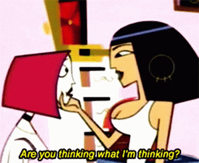 Cleopatra from Clone High shouting Makeover! As Joan of Arc looks unimpressed