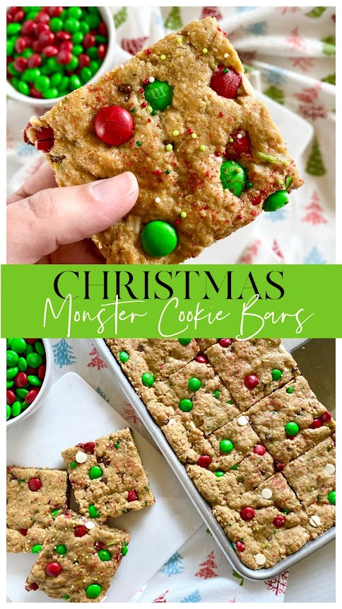 Collage of hand holding monster cookie bars by bowl of holiday M&M's