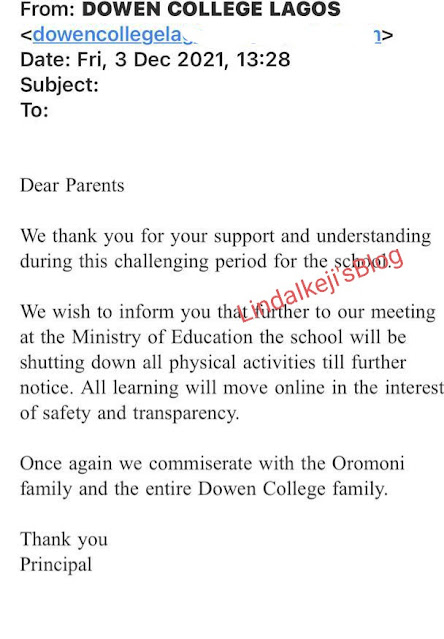 "We will move online" Dowen College tells parents after the Lagos State Government shut the school following The Death OF A Boy Who Was Allegedly Being Tortured By His Classmates For Refusing To Join Cult
