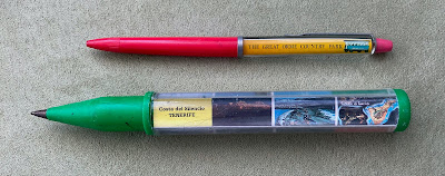 Two pens from the 80s. A large one my sister brought back from Tenerife, with photos of the place. A small one from the Great Orme Country Park.