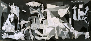 Guernica by Pablo Picasso, cubist painting, depicts the war and its own unique style, assumed as most famous Picasso work.