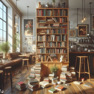 A bookcase in a coffee shop