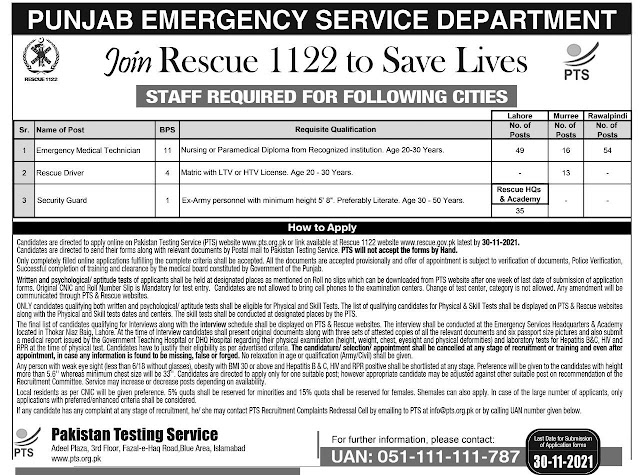 Rescue 1122 Jobs 2021 - Rescue 1122 Jobs 2021 Online Apply - Punjab Emergency Service