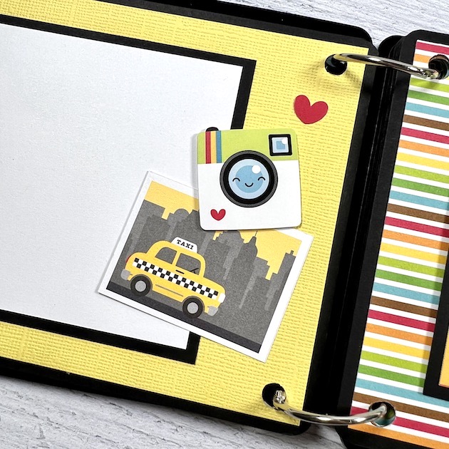 Travel Suitcase Shaped Mini Scrapbook Album Page with camera, taxi cab, and heart