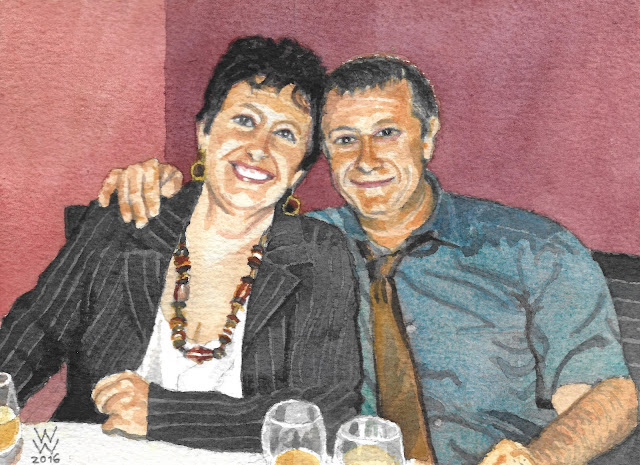 Watercolour of a man and a woman sitting closely together at a table, with white wine, "C. et C." by William Walkington in 2016