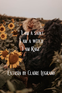 A picture of a woman in black dancing in a sunflower field. the text says I am Saint I am Witch I am Rage