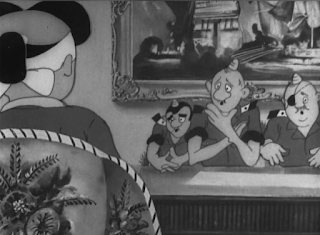 A screencap from the film showing Momotaro negotiating with English-speaking foreigners, who are sporting Oni horns on their heads.