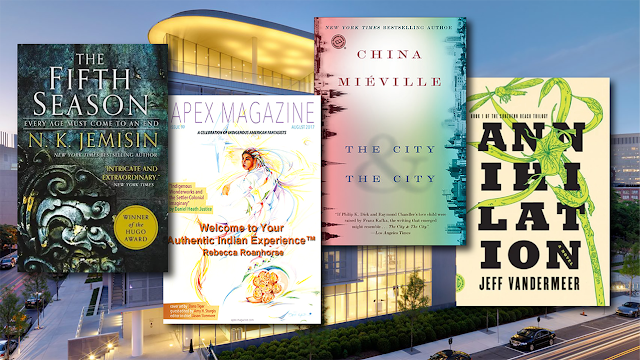 Covers for “The Fifth Season” by N. K. Jemisin, Apex Magazine, featuring “Welcome to Your Authentic Indian Experience™” by Rebecca Roanhorse, “The City & The City” by China Miéville, and “Annihilation” by Jeff Vandermeer float above a photo of the MIT Media Lab Building.