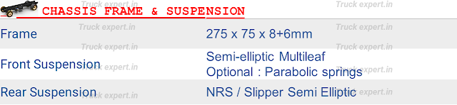 Ashok leyland 4825 DTLA MAV- Chassis Frame & Suspension - The chassis frame Section of Ashok leyland 4825 DTLA is 275x75x (8mm+6mm).  Ashok Leyland 4825 comes with Semi-elliptic Multi Leaf or Parabolic springs at Front axle & Non-Reactive Suspension or Slipper end suspension at Rear axle.