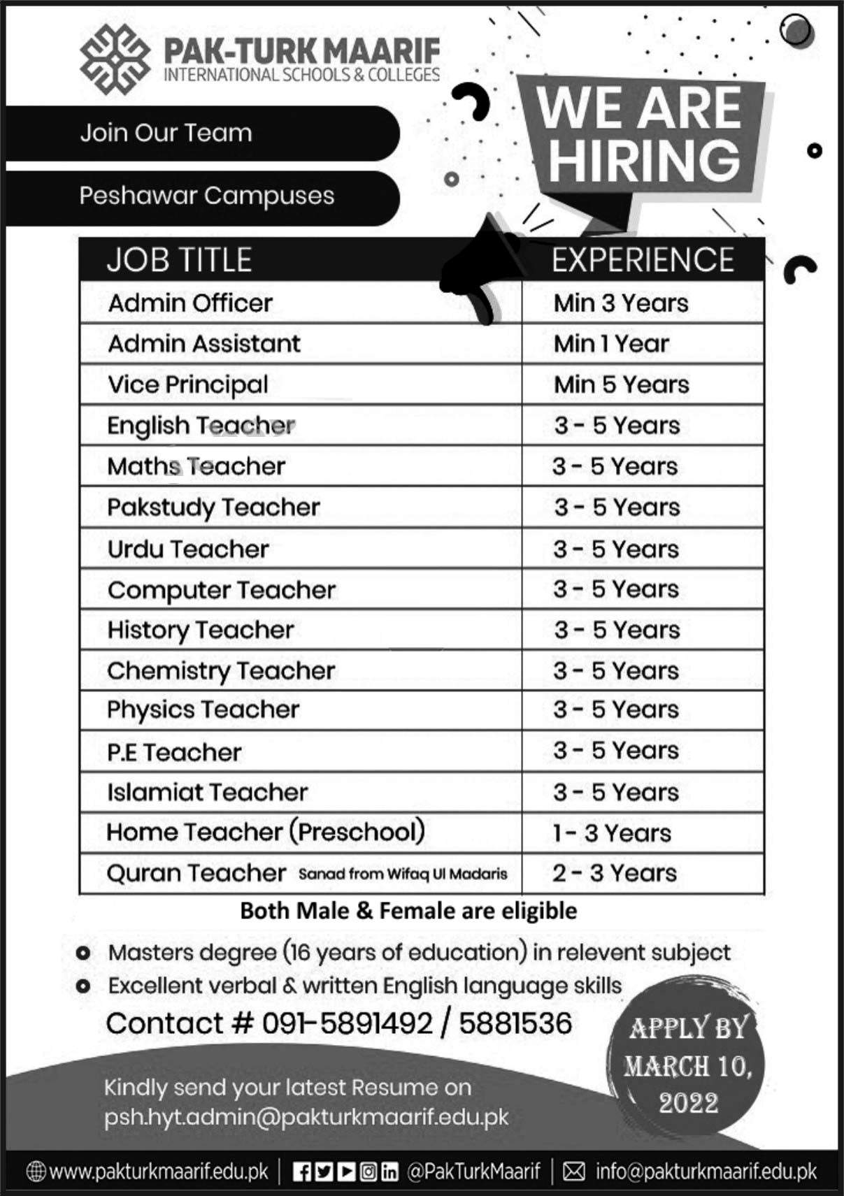 New Pak Turk Maarif International Schools Colleges Jobs