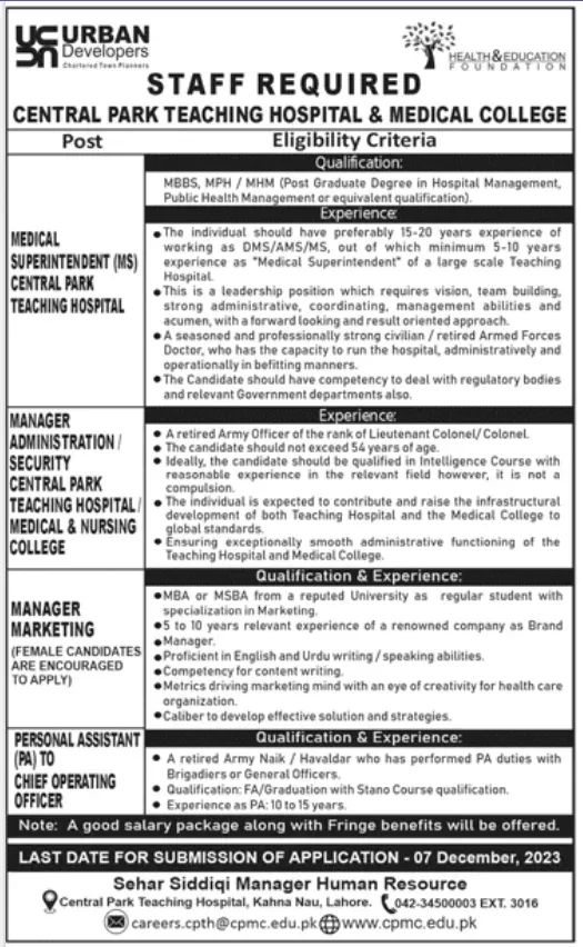 Central Park Teaching Hospital and Medical College Lahore job