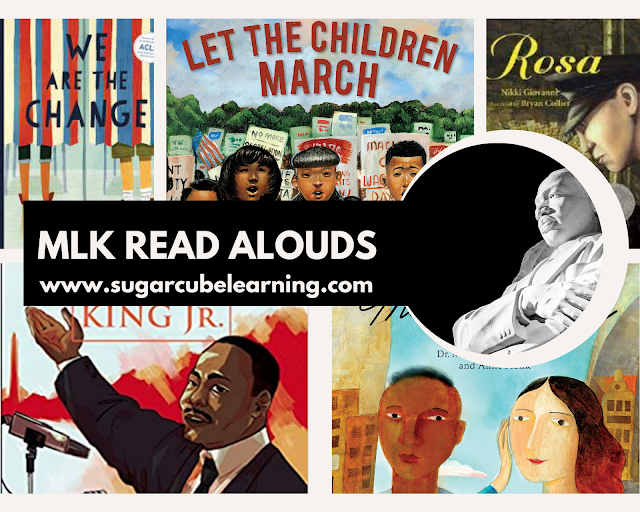 Martin Luther King Jr. Read Alouds for Upper Elementary Grades 3-5: Title include: We Are the Change, Rosa, Let the Children March, Martin and Anne, and Great Lives: Martin Luther King Jr. (graphic novel).