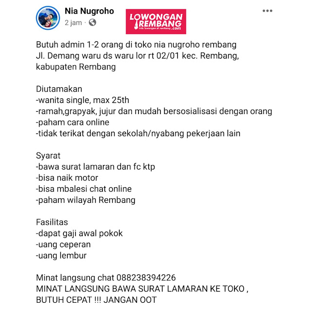 Lowongan Kerja Admin Toko Nia Nugroho Rembang