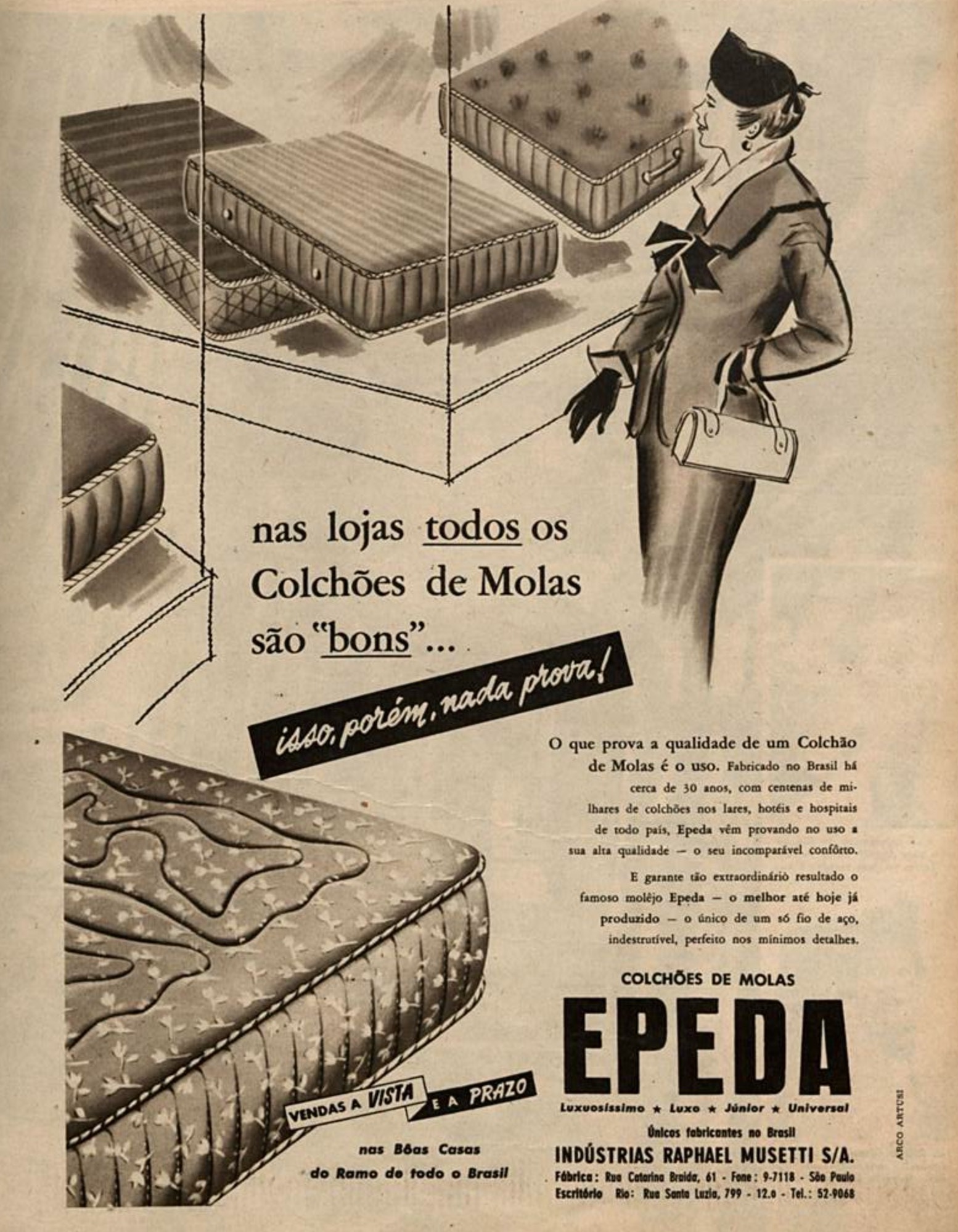 Propaganda veiculada em 1957 promovia os colchões de mola da marca Epeda