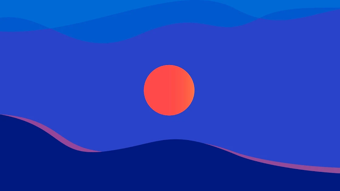 A minimalist wallpaper depicting a crescent moon in a blue night sky above colorful waves in a gradient of reds, greens, and yellows.

