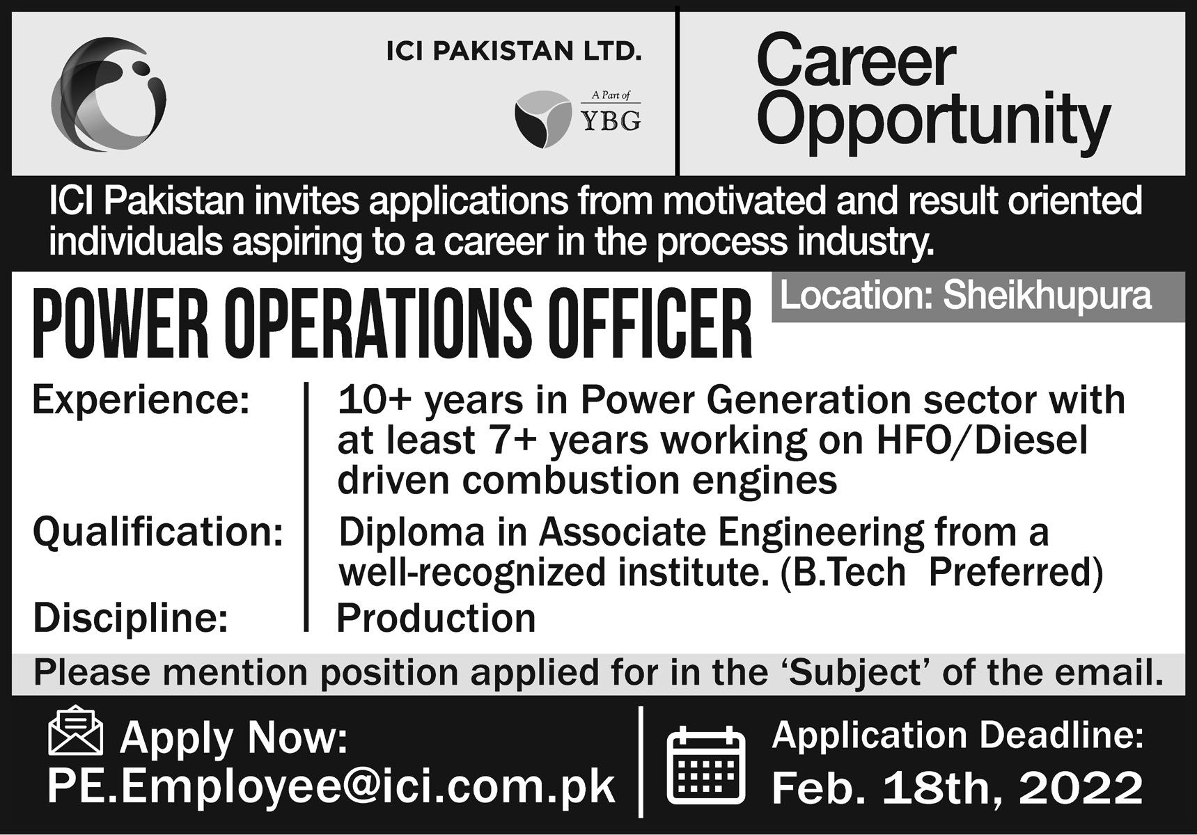 ICI Pakistan Ltd Jobs Power Operations Officer