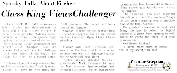 Spassky Talks About Fischer: Chess King Views Challenger