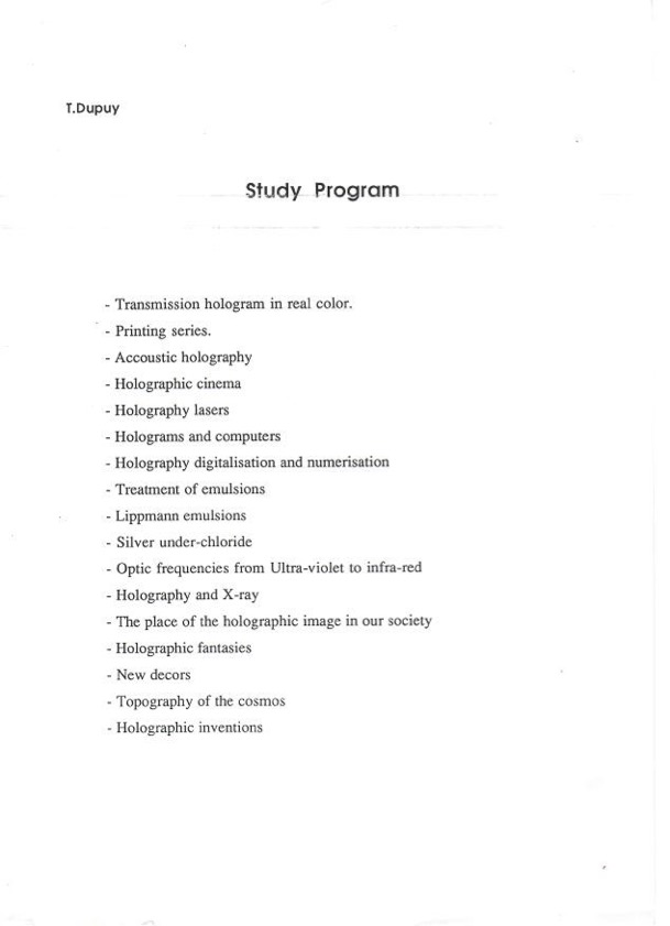 Programme personnel d'étude sur l'HOLOGRAPHIE