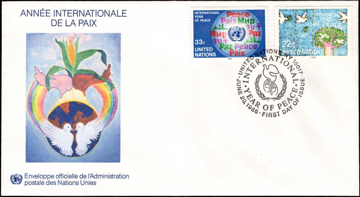 United Nations New York First Day Cover NT-NY475-476 International Peace Year 55 cents 1986