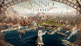 logo du jeu de gestion Anno 1800 et un port avec des navires