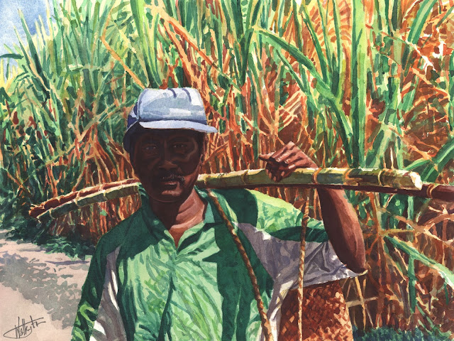 Watercolour of a creole man walking down a track, carrying sugar cane on his shoulder, "En voyage," by William Walkington