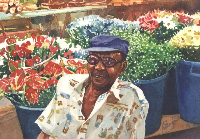 Watercolour of a smiling salesman in front of his flowers at an open-air market, "Vendeur fleurs," by William Walkington