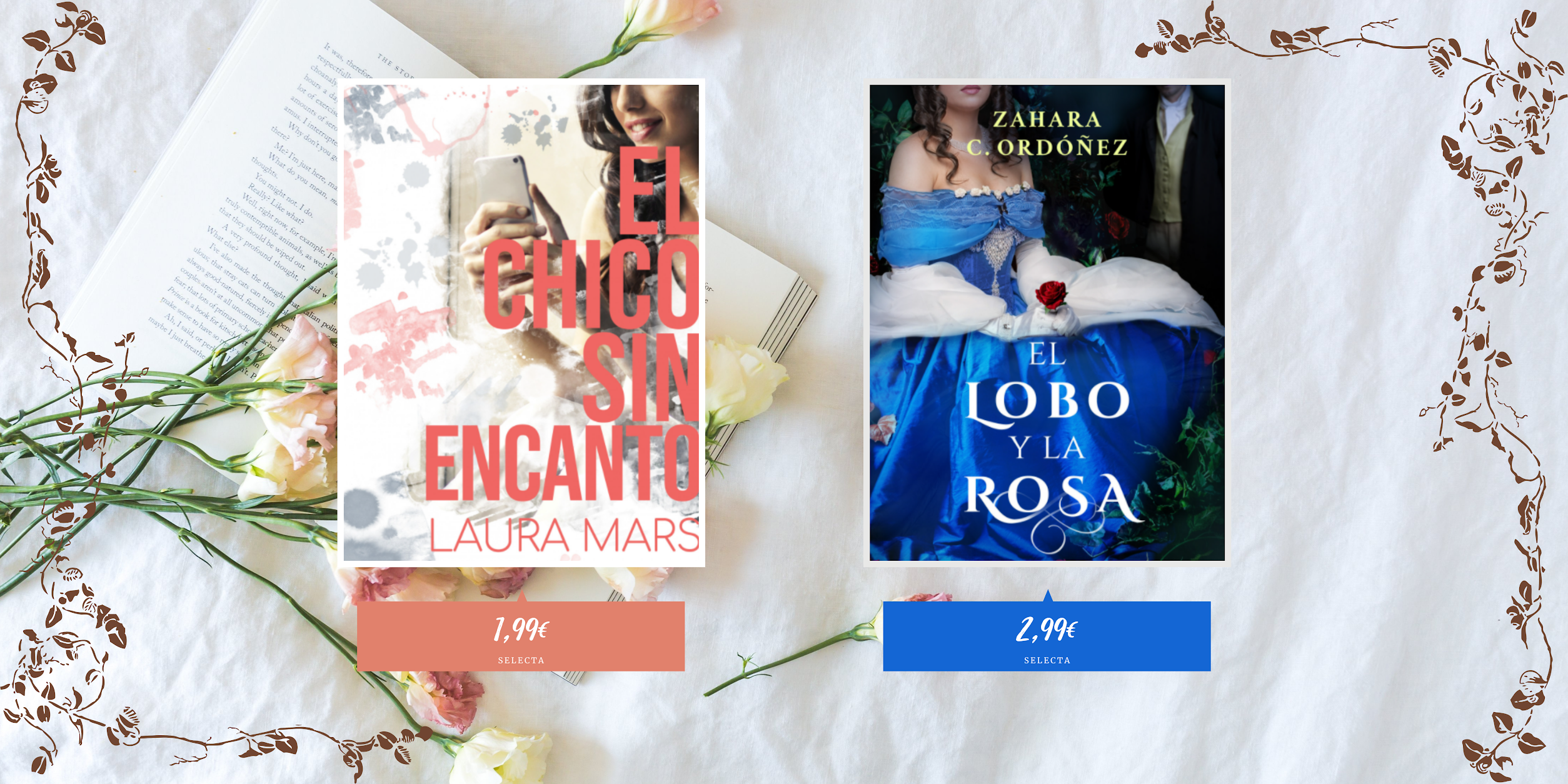 Se encuentran bajo un fondo blanco con corazones se encuentran las cubiertas de El chico sin encanto a la venta por 1,99€ y El lobo y la rosa por 2,99€ en Amazon, Casa del Libro, Penguin Random House, etc...